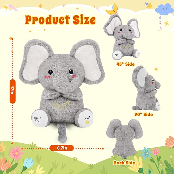BRICHOEE Breathing Stuffed Animal, Soothing Elephant Stuffed Animal with Moving Ears, Breathing Motion, Calming Sound and Light for Baby Sleep Companion Portable Plush Gifts for Kids Adults Newborns