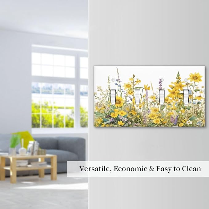 Wildflowers Sunflower Lavender Daisy Floral Light Switch Covers Quad Toggle Electrical Faceplate 4 Gang Wall Plate Decorative Switch Plates Cover for Bedroom Living Room Decor