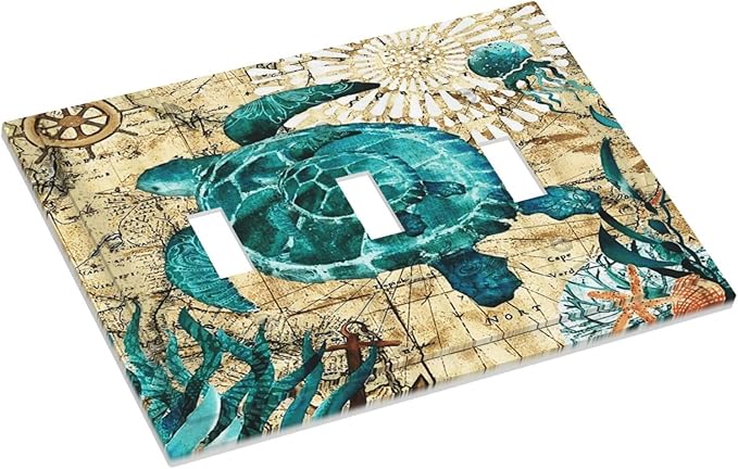 Blue Greem Nautical Ocean Map Tortoise Turtle 3 Gang Light Switch Plate Ocean Octopus Marine Coral Beach Theme Decorative Triple Toggle Wall Plate Outlet Cover Electrical Faceplate