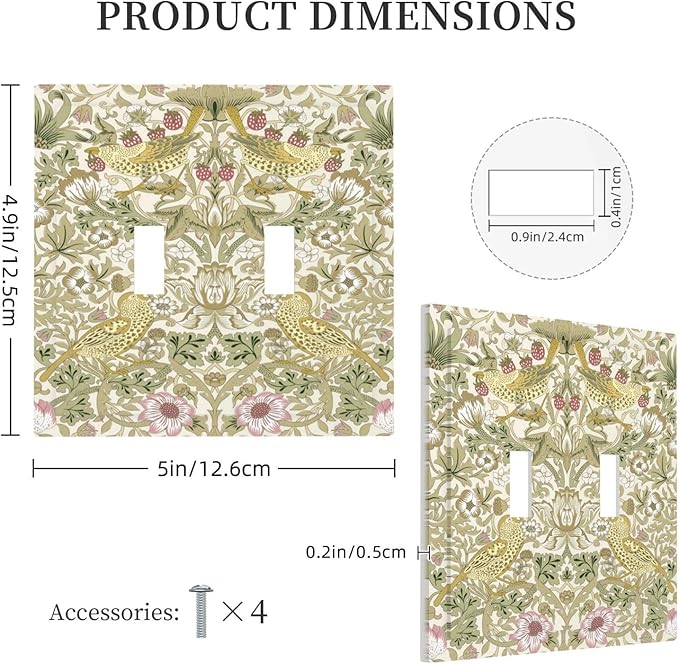 William Morris Vintage Strawberry Bird Botanical Decorative Switch Plates 2 Gang Double Toggle Outlet Light Switch Cover Wall Plate Electrical Faceplate for Farmhouse Home Decor