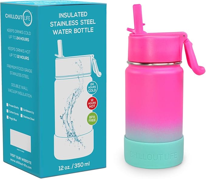 CHILLOUT LIFE 12 oz Kids Insulated Water Bottle for School with Straw Lid Leakproof and Cute Waterproof Stickers, Personalized Stainless Steel Thermos Flask Metal Water Bottle for Girls & Boys