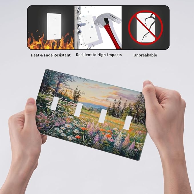Light Switch Covers Floral Landscape Rustic Nature Wildflower Quad Toggle Electrical Faceplate 4 Gang Wall Plate Decorative Switch Plates For Bed Room Living Room Decor