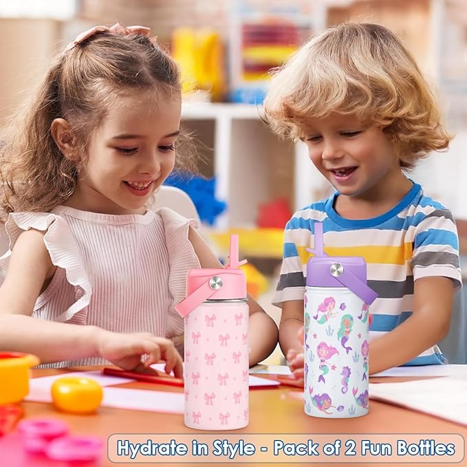 SANDJEST Kids Water Bottle with Straw Lid, Pack of 2 Insulated 12 Oz Stainless Steel Water Bottles for Girls, Travel Cup for School Sports, Bow - Mermaid