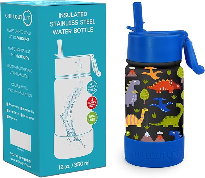 CHILLOUT LIFE 12 oz Kids Insulated Water Bottle for School with Straw Lid Leakproof and Cute Waterproof Stickers, Personalized Stainless Steel Thermos Flask Metal Water Bottle for Girls & Boys