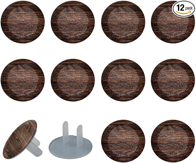 Vintage Brown Wood 12 Packs Outlet Covers Child Proof Plug Protector, Safety Outlet Plugs Covers, 2-Prong Wall Socket Protection Caps, Round Electrical Wall Receptacle for Home Office