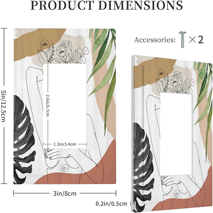 Mid Century Abstract Women Lady Boho Palm Leaf 1 Gang Rocker Light Switch Covers Decorative Unique Single Decora Outlet Wall Plate Faceplate Switchplate GFCI for Bedroom Bathroom Decor