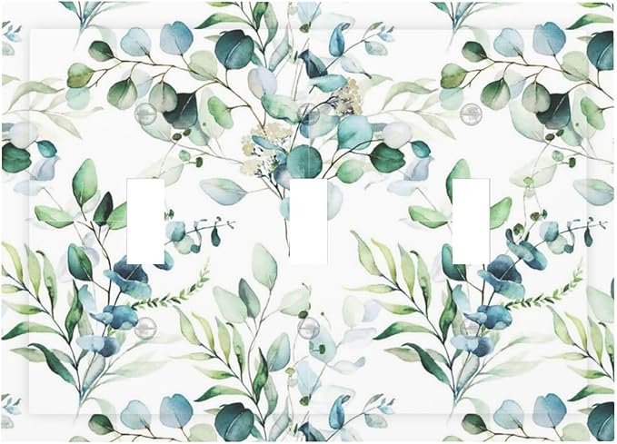 Watercolor Spring Olive Leaves Triple Toggle Device Switch Wall Plate 3-Gang Light Switch Cover Green Eucalyptus Sage Ivy Leaf Botanical Bontay Decorative Decorator Wallplate Switchplate Room Decorate
