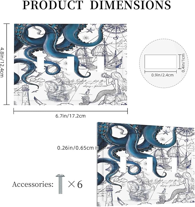 Nautical Vintage Map Octopus Mermaid Lighthouse Boat Decorative Switch Plates 3 Gang Wall Plate Triple Toggle Light Switch Cover Faceplate Electrical Wall Panels for Bathroom Kids Room Decor