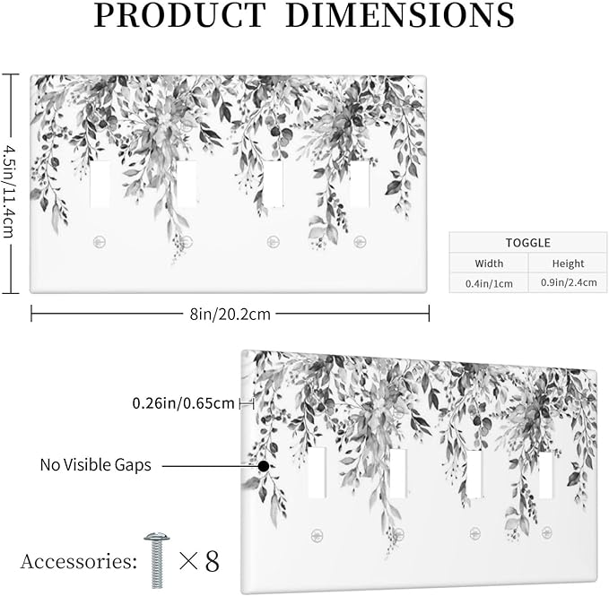 Light Switch Covers Grey Floral Plant Eucalyptus Leaf Flower Quad Toggle Electrical Faceplate 4 Gang Wall Plate Decorative Switch Plates For Bed Room Living Room Decor