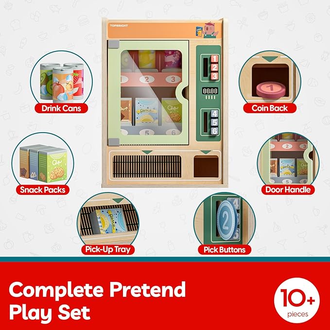 TOP BRIGHT Wooden Vending Machine Play Set, Play Food for Kids，Pretend Play Toys with Wooden Snack Bars and Drink Cans, Montessori Toys for Boys Girls Capybara Gift Age 3+ (Vending Machine)