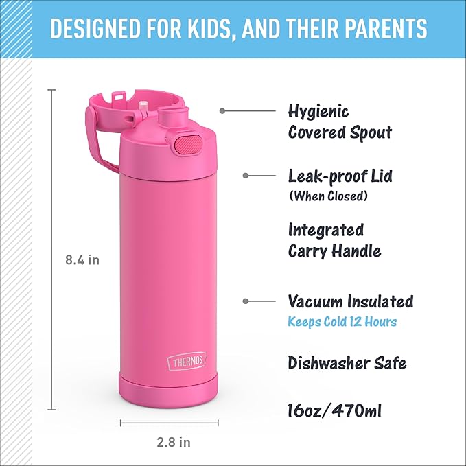 THERMOS FUNTAINER 16 Ounce Stainless Steel Vacuum Insulated Bottle with Wide Spout Lid,Neon Pink,(Pack of 6)