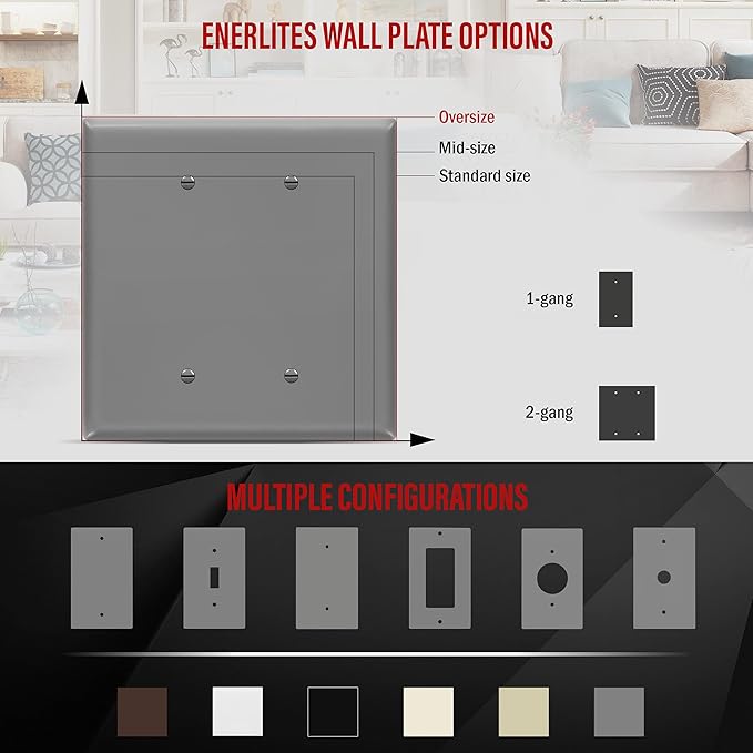 ENERLITES Double Blank Outlet Cover, Gloss Finish, Two Gang Blank Wall Plate, Oversized 2-Gang 5.5" x 5.5", Unbreakable Polycarbonate Thermoplastic, UL Listed, 8802O-GY, Gray