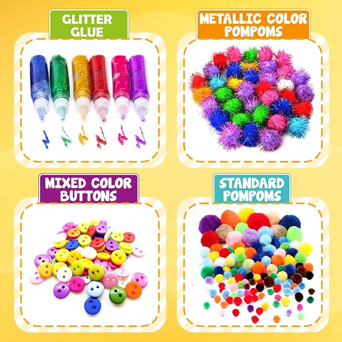 FUNZBO Arts and Crafts Supplies for Kids - Kindergarten School Craft Kit with Glitter Glue Stick, Glue, Pipe Cleaners Craft and Kids' Scissor, Birthday Gifts for Toddler Girls Boys Age 4+