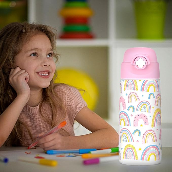 Girls Insulated Water Bottle with Covered Pop-Up Straw,16 oz Kids Cups with Stainless Steel Leak Proof for School（2 pack,Unicorn+Rainbow-pink）