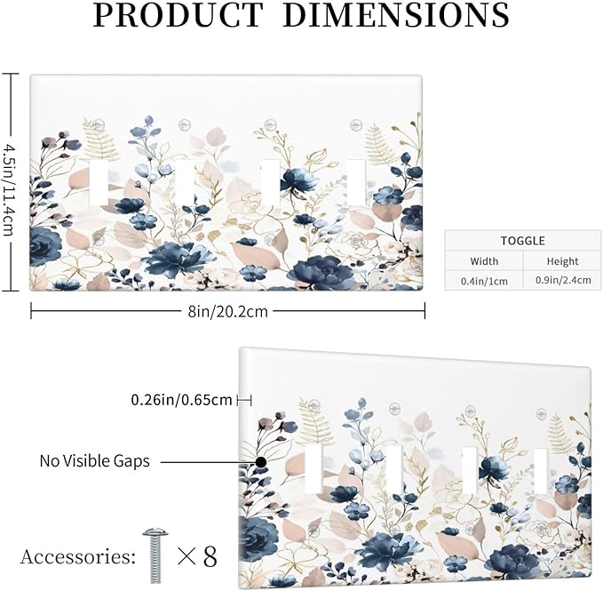 Blue Flora Boho Vintage Flower Golden Leaves Light Switch Covers Quad Toggle Electrical Faceplate 4 Gang Wall Plate Decorative Switch Plates Cover for Bedroom Living Room Decor