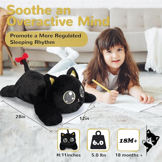 meowtastic Black Cat Weighted Stuffed Animals - 28 Inch 5.0 Pounds Weighted Plush Cat Stuffed Animal - Large Kitten Toys Pillow - Cute Plush Toys Gifts for Kids & Adults (28" 5.0 lbs)
