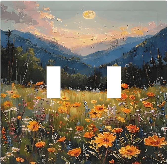 Sunset Wild Flower Field Floral Nature Landscape Decorative Switch Plates 2 Gang Double Toggle Outlet Light Switch Cover Wall Plate Electrical Faceplate for Farmhouse Bedroom Decor