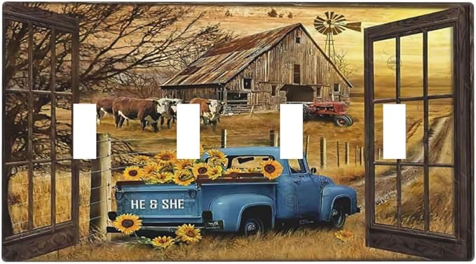 Fall Western Farmhouse Cow Quad Toggle Light Switch Cover Decorative Sunflower Barn door Blue Truck 4 Gang Wall Plate Electrical Faceplate Switchplate for Bathroom Home Living Room Decor