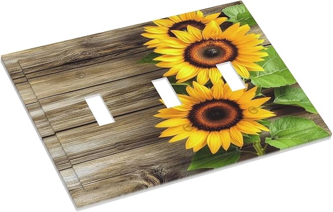 Decorative Switch Plates Sunflowers Rustic Wood 3 Gang Wall Plate Triple Toggle Light Switch Cover Faceplate Electrical Wall Panels For Farmhouse Cabin Decor