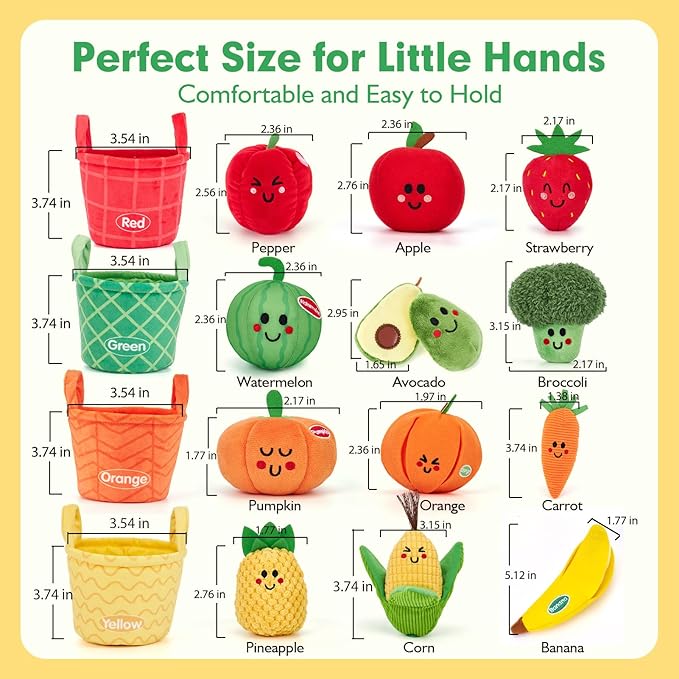 hahaland Baby Sensory Toys - 16 PCS My First Fruit Vegetable Color Sorting Play Food Crinkle, Rattle, Baby Toys 6-12 Months Montessori Toys for 1 Year Old Boy Girl Gifts 6 9 Month Old Toy One Year Old