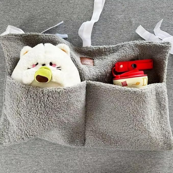 Adm&Eve Bedside Diaper Caddy - Teddy Material With 2 Compartments for Baby Carrier, Crib, Stroller & Changing Table, Hanging Storage Organizer (Grey)