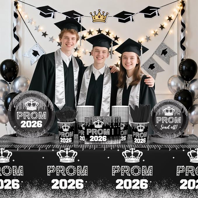 AIBIIN 145PCS Prom Send Off Decorations 2026 Black and Silver Prom Paper Plates Cups and Napkins Sets 2026 Graduation Party Supplies Disposable Tableware Set with Tablecloth Serves 24 Guests