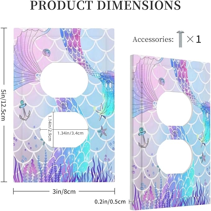 1 Gang Single Duplex Receptacle Outlet Cover Colorful Kid Girls Purple Pink Mermaid Tail Scales Starfish Electrical Wall Plate One Gang Dual Device Light Switch Faceplate Socket Plug Cover No Glitter