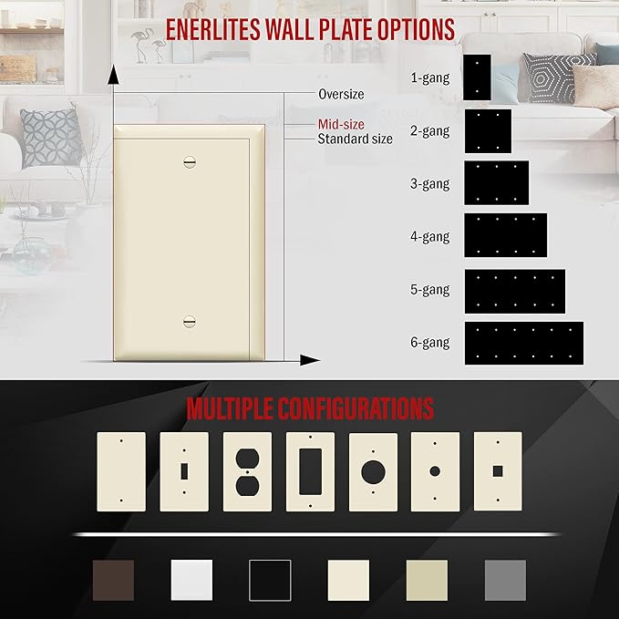ENERLITES Blank Device Wall Plate, Gloss Finish, 1-Gang 4.88" x 3.11", Mid-Size, Unbreakable Polycarbonate Thermoplastic, UL Listed, 8801M-LA, Light Almond (Pack of 1)