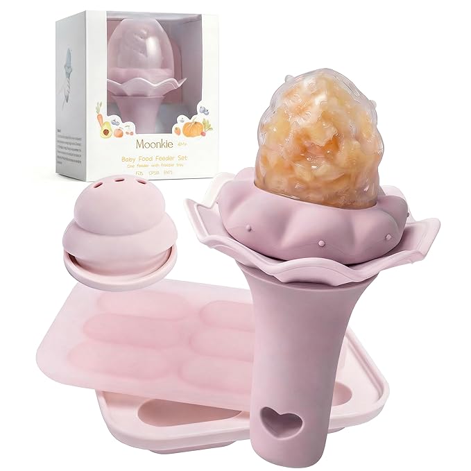 Moonkie Baby Fruit Feeder with Freezer Tray, BPA Free Silicone Food Feeder for Infant Self Feeding, Breastmilk Popsicle Molds, Mesh Feeder with Two Pouches, Baby Shower Gifts 4 Months+, 1 Pack
