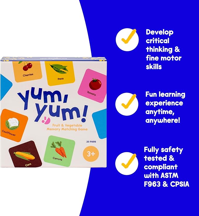 Yum, Yum! Fruit & Vegetable Memory Matching Game for Kids | Ages 3 & Up I 20 Matching Pairs I Fun and Educational Learning Toy I Ideal Gift for Boys, Girls, Kids and Families I Travel Size