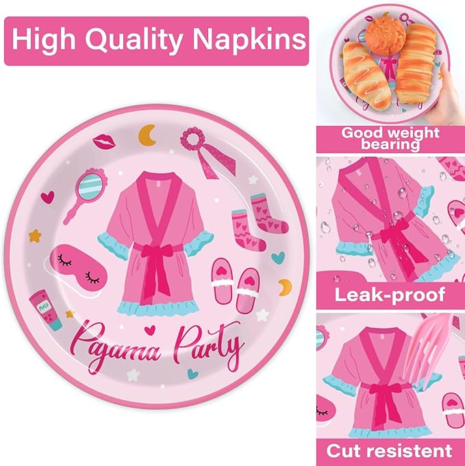 100 Pcs Pajama Party Paper Plates and Napkins Set Sleepover Party Decorations Supplies Girls Sleepover Tableware Favors for Spa Slumber Birthday Hot Pink Pajama Party Decorations Serves 25