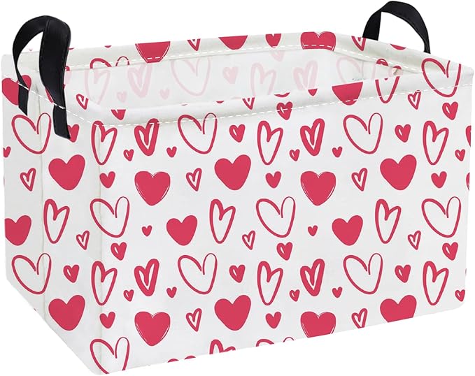 Essme Rectangular Valentine's Day Basket,Pink Heart Storage Bins Organizer with Handles for Girls Room Decor, Gift Basket,Shelf Basket.(Pink Valentine's Day)