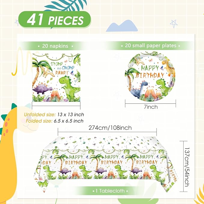 41Pcs Dinosaur Birthday Decorations,Dino Party Supplies Tableware Set for Boys Birthday with Dino Party PaperPlates,Napkins,Tablecloth丨Boys Jurassic Theme Dinosaur Party Decorations Supplies,Serves 20