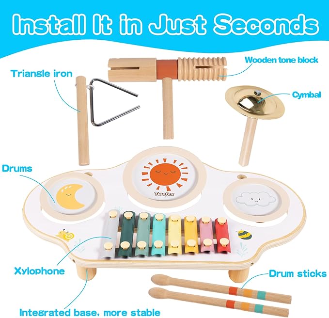 Twefex Kids Drum Set - 9 in 1 Baby Drum Set for Toddlers - Montessori Musical Instruments Toy for Babies - Wooden Xylophone Musical Toys for Boys and Girls