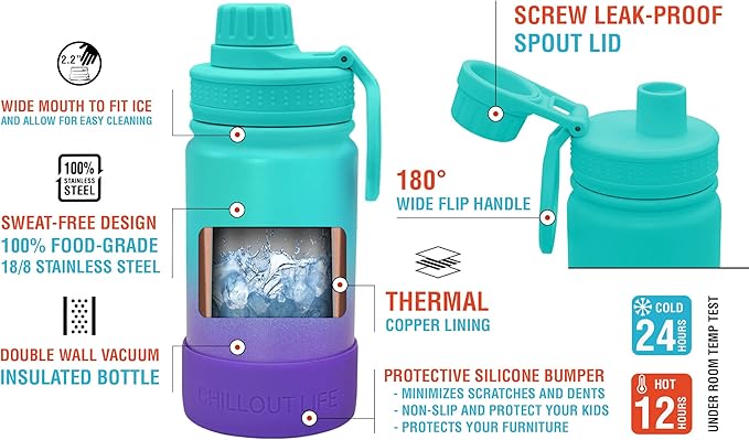 CHILLOUT LIFE 12 oz Kids Insulated Water Bottle for School with Leakproof Spout Lid and Cute Waterproof Stickers, Personalized Stainless Steel Thermos Flask Metal Water Bottle for Girls & Boys
