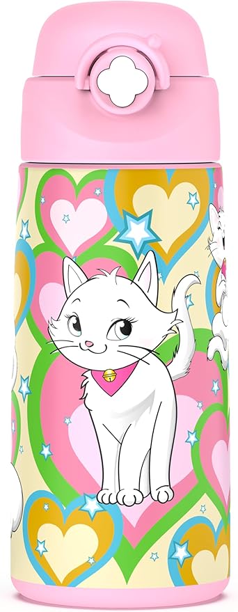 Girls Insulated Water Bottle with Covered Pop-Up Straw,16 oz Kids Cups with Stainless Steel Leak Proof for School Pink（Cat）