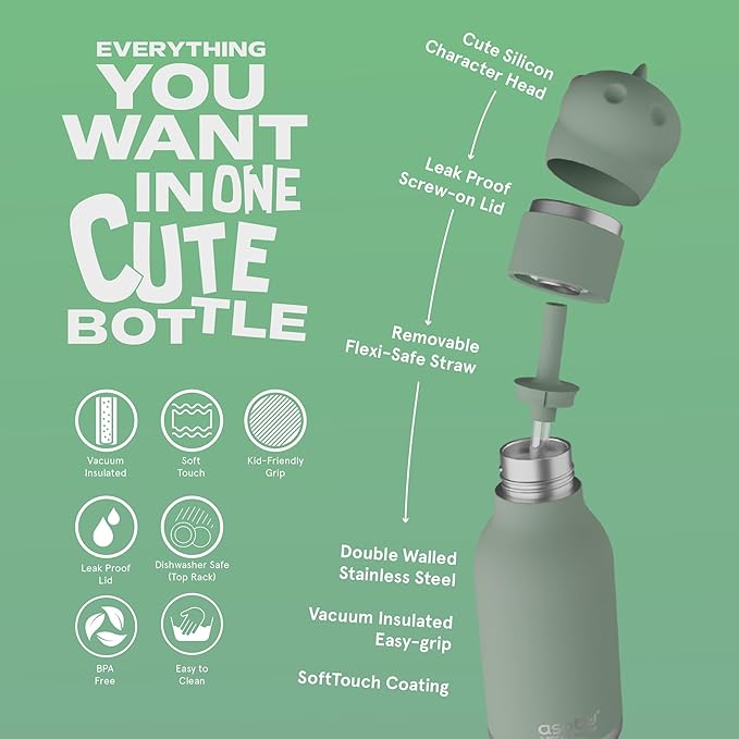 asobu Bestie Bottle Insulated Stainless Steel Water Bottle with Detachable Soft Animal Head Fun Drinking for Kids and Teens with Flexible Reusable Straw 16 Ounce (Dinosaur)