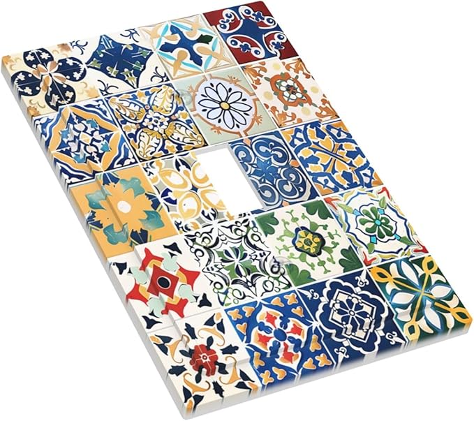 Decorative Light Switch Cover Moroccan Traditional Mexican Talavera Til 1 Gang Single Toggle Device Electrical Faceplate Switchplates Decorator Outlet Wall Plate for Kitchen Home Decor