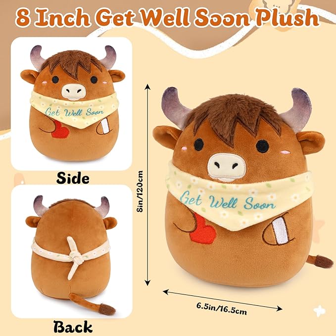 Get Well Soon Highland Cow Stuffed Animal, Get Well Gifts for Kids Women, 8 Inch Kawaii Cow Plush Get Well Soon Stuffed Animal, Feel Better Gifts for Kids