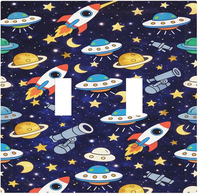 Decorative Light Switch Cover Plate Space-themed Rocket Spaceship 2 Gang Outlet Covers Double Toggle Wall Plates for Electrical Switch Plate Covers Faceplate for Children's Room Decor