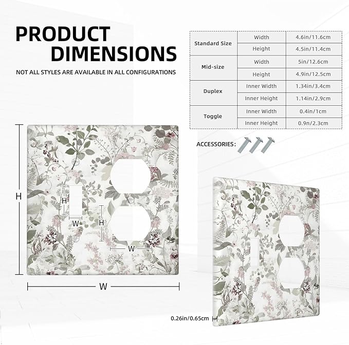 Boho Floral Leaf Vintage Watercolor Flower Wallplates 1 Toggle 1 Duplex Switch Plate Electrical GFCI Faceplate Decorative Light Switch Covers for Farmhouse Bedroom Decor