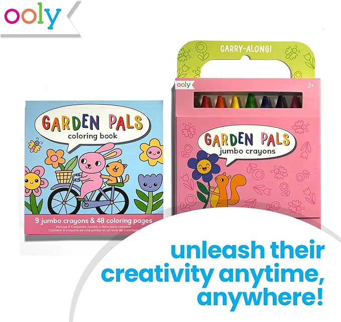 Ooly Travel Art Kit with 9 Jumbo Crayons, 48 Themed Coloring Pages & Case for Easy Traveling Art Creation, Perfect Airplane & Road Trip Activities for Kids - Garden Pals