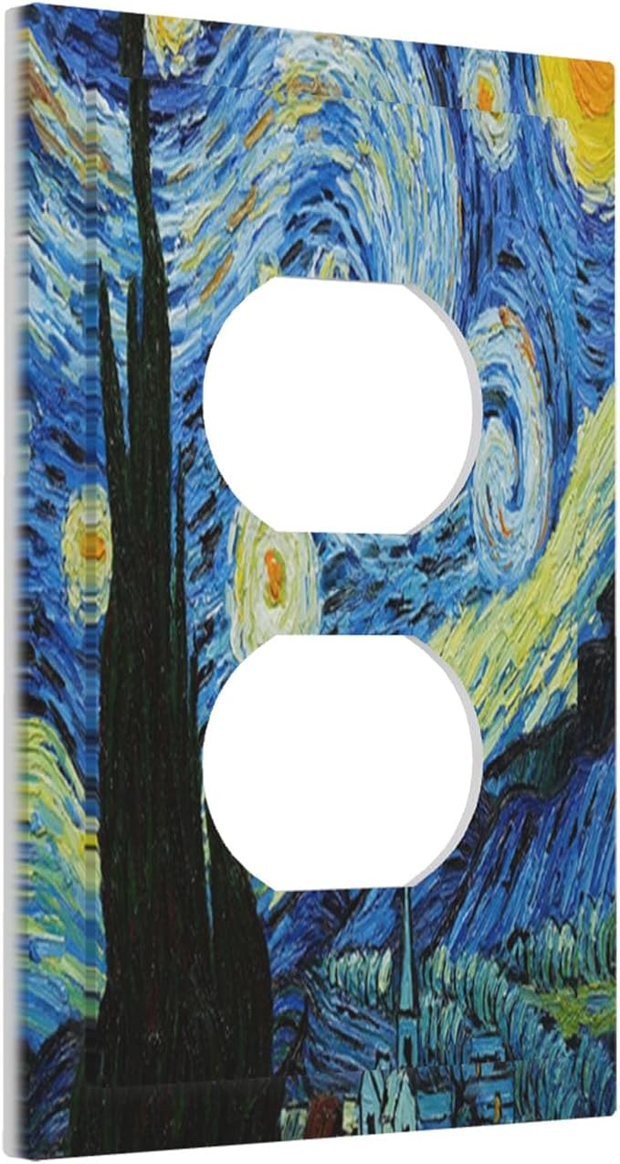Van Gogh The Starry Night Duplex Wall Plate - 1-Gang Standard US Size Post-Impressionist Masterpiece Outlet Covers, Swirling Night Sky for Living Room Decor