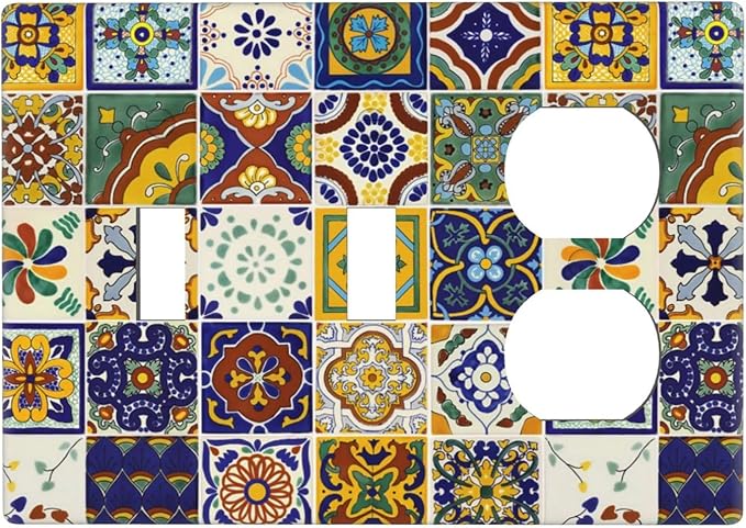 Yellow Mexican Moroccan Sun Tile 3-Gang 2-Toggle 1-Duplex Receptacle Combination Light Switch Decorative Triple Combo Device Switches/Rocker Outlet Covers and Wall Plate