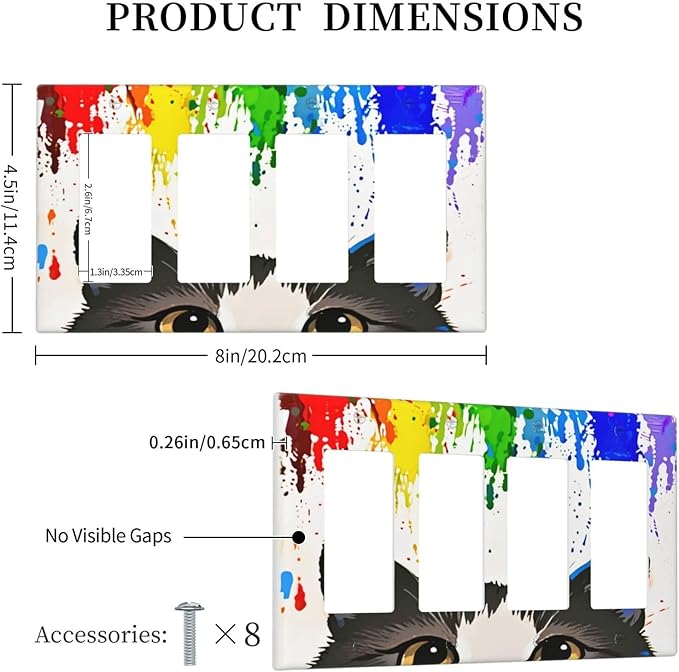 Cat Rainbow Quad Rocker Wall Plate Decorative 4 Gang Light Switch Covers Electrical Switchplate Home Decorate Faceplat for Bathroom Bedroom Kitchen Room 4.5 x 8 Inch