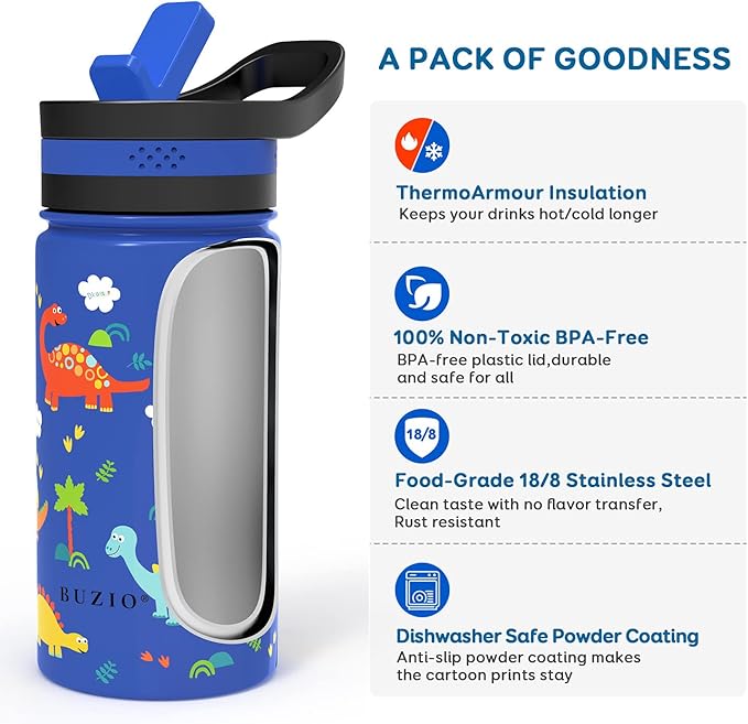 14oz Kids Insulated Water Bottle with 2 Tritan Straw Lids, BUZIO Toddlers Stainless Steel Bottle, Double Walled Wide Mouth Sports Drink Flask Simple Thermo Canteen Cup, with Blue Dinosaur Park