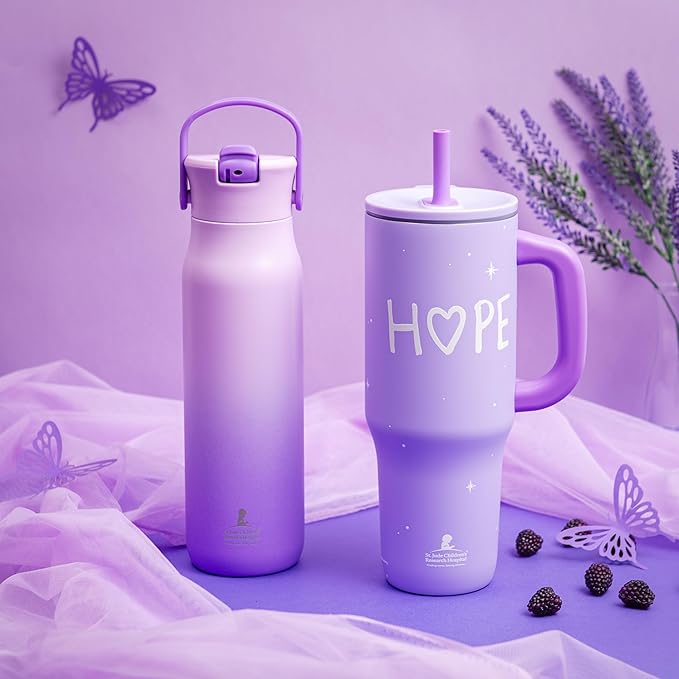Zak Designs Harmony Water Bottle Benefiting St. Jude, For Travel or At Home, 32oz Stainless Steel is Leak-Proof When Closed and Vacuum Insulated with Straw Lid and Carry Handle (Purple Ombre)