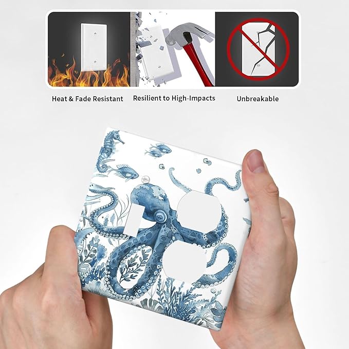 Blue Octopus Squid Seahorse Coral Watercolor Wild Sealife Wallplates 1 Toggle 1 Duplex Switch Plate Electrical GFCI Faceplate Decorative Light Switch Covers for Bathroom Kids Room Decor