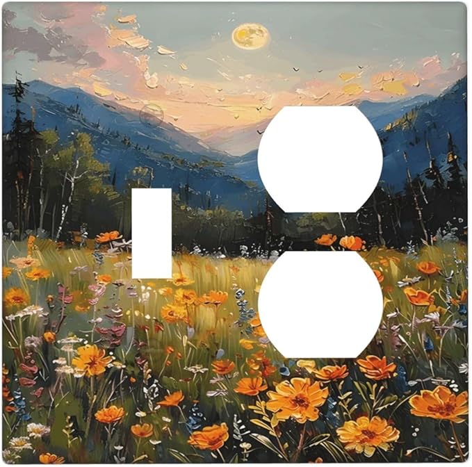 Sunset Wild Flower Field Floral Nature Landscape Wallplates 1 Toggle 1 Duplex Switch Plate Electrical GFCI Faceplate Decorative Light Switch Covers for Farmhouse Bedroom Decor