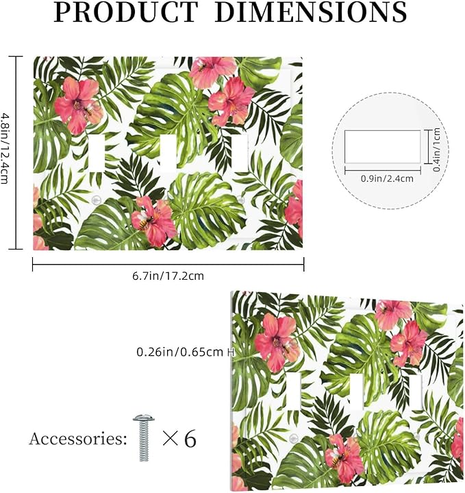 Tropical Plant Green Palm Triple Toggle Light Switch Cover 3 Gang Wall Plate Decorative Banana Leaves Pink Flower Rainfores Jungle Botanical Electrical Facplate for Bathroom Kitchen Home 6.7" x 4.8"